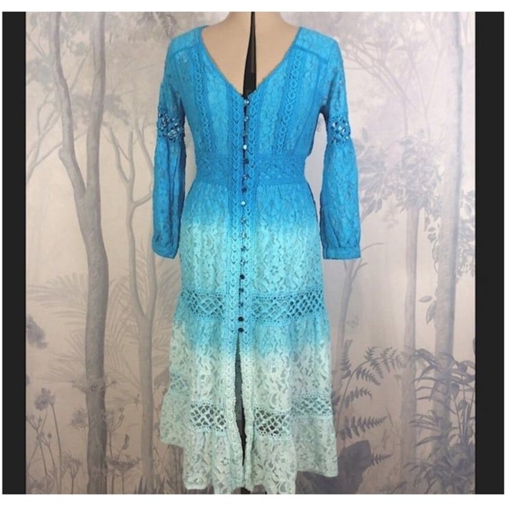 Stunning 100% cotton lace dress blue gradient waterfall design with cotton inlay